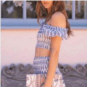 Off-Shoulder Blue and White Mini Dress